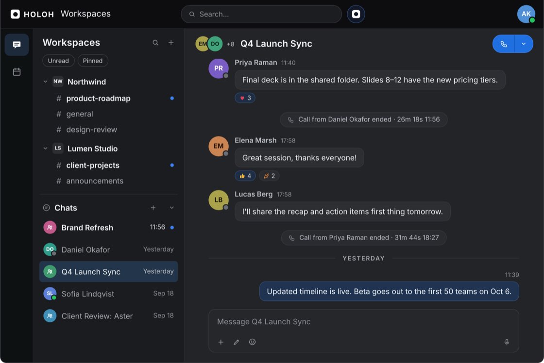 The HOLOH Workspaces chat view: two workspaces with their channels and a list of chats in the sidebar, and the Q4 Launch Sync group conversation open, with messages, reactions and notes of calls that have ended.