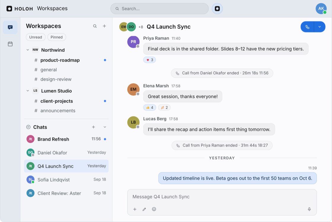 The HOLOH Workspaces chat view: two workspaces with their channels and a list of chats in the sidebar, and the Q4 Launch Sync group conversation open, with messages, reactions and notes of calls that have ended.